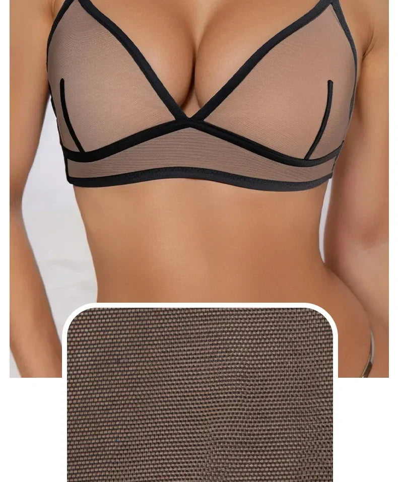 Sexy Transparent Ladies' Brassiere Three-piece Women's Bra Small Bust Mesh Lingerie Ultra-thin Triangle Double Shoulder Straps