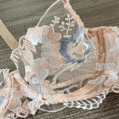 M-XL Luxury Ladies Underwear Floral Embroidery Ultrathin Transparent Lingerie Sets For Women Sexy Push Up Gather Bra Panties