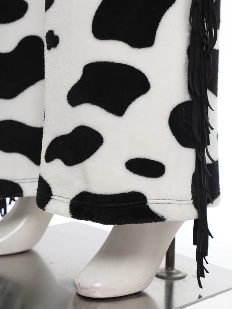 Womens Cow Spot Pattern Flannel Long Pants Adjustable Waist Open Crotch Biking Riding Cowgirl Chaps Halloween Cospaly Costume