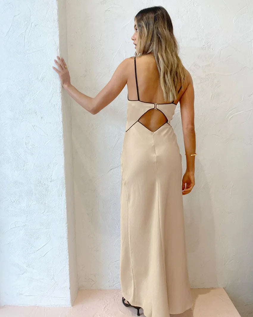 Black Satin Knot Hollow-out Straps Long Dress French Style Sexy Sleeveless Slit Women Summer Dress Lady Evening Party Gowns