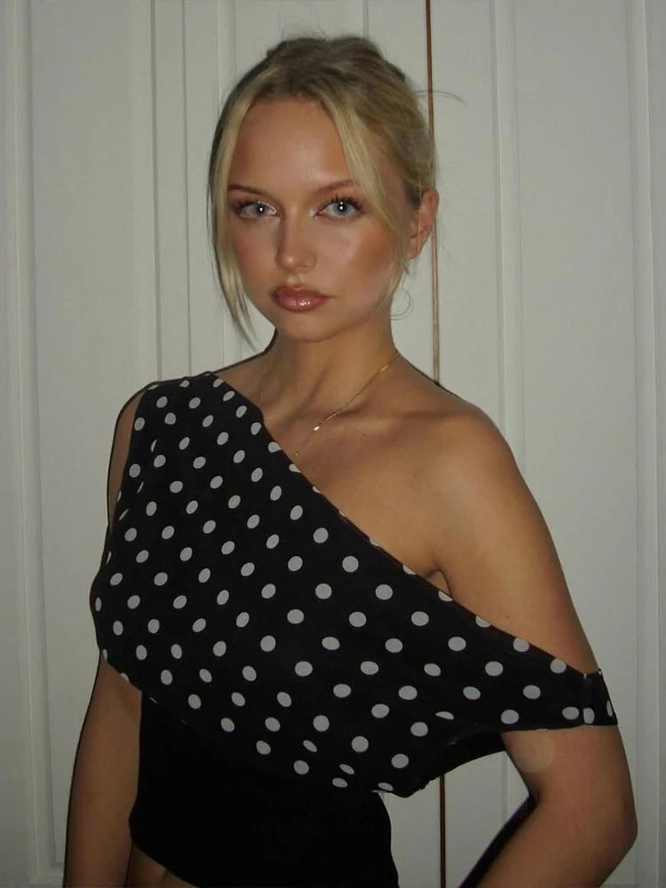 Weird Puss Polka Dots Print T-Shirts Women Summer Trend Skew Collar Off Shoulder Backless Street Fashion Trend Ruched Crop Tops