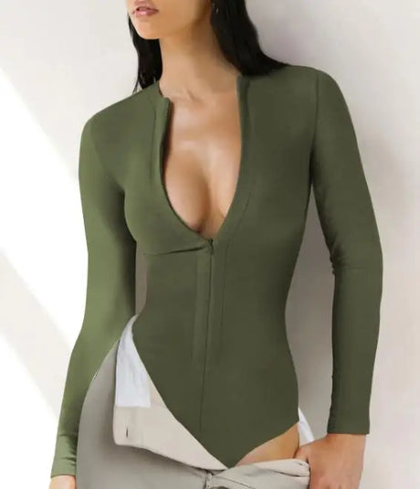 Bodysuit Women 2026 Spring New Solid Color Half Zipper Design Round Neck Long Sleeve Skinny Daily Basic Knit Bodysuit Top