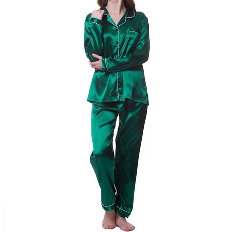 Women's Sleepwear Simple Satin Pajama Set Long Sleeve Buttons Lapel Top With Elastic Pants Loungewear Nightwear 2 Piece Nighty