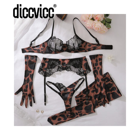 Diccvicc Sensual Lingerie Woman See Through Sexy Lace Bra Garter Belt Leopard Underwear with Stocking Glove Exotic Intimate Wear
