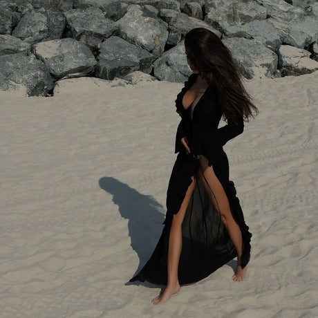 New Chiffon Tunic Beach Cover Up Cover-ups Dress Sunscreen Beachwear Womens Clothing Sexy V Neck Ruffled Long Sleeve Black White