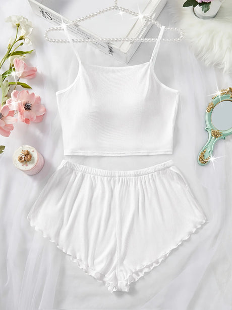 Women’s 2 Piece Solid Color Pajama Set, Square Neck Crop Cami Top and Ruffle Trim Split Shorts, Ribbed Sleepwear Loungewear
