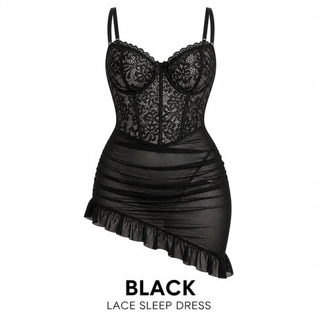 Women's Transparent Lace Lingerie Nightdress with Matching Panties, Ruched Ruffle Hem Babydoll Sleepwear, Four Colors S-XL