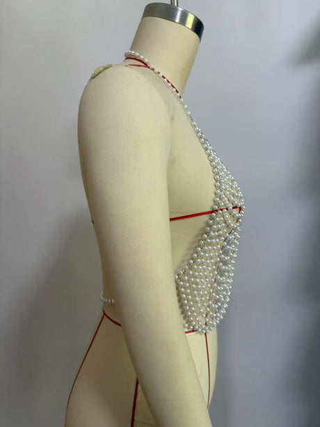 CHICATWILL European Sexy Deep V-Neck Lady Camis Pearls Tops Beach Handmade Beading Body Chains Hot Woman Vest American Female