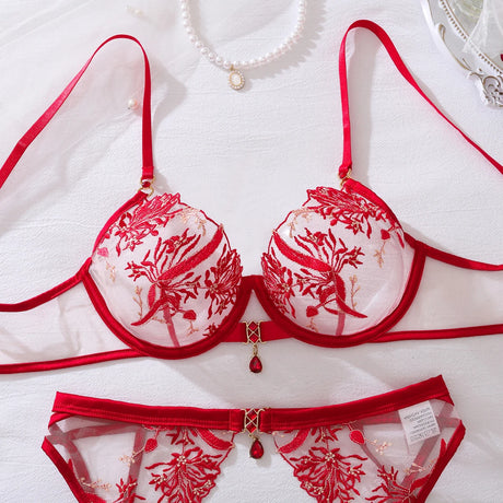 New gemstone accessory perspective floral embroidery shaping sexy lingerie split set with leg socks set