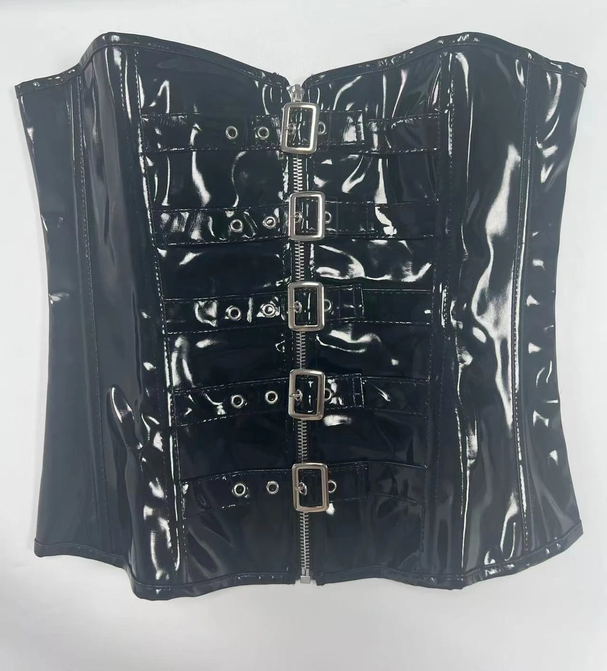 Women's Black PVC Leather Corset Women Sexy Front Zip and Buckle Closure Overbust Bustier Fetish Rock Gothic Steampunk Corselet