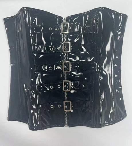 Women's Black PVC Leather Corset Women Sexy Front Zip and Buckle Closure Overbust Bustier Fetish Rock Gothic Steampunk Corselet