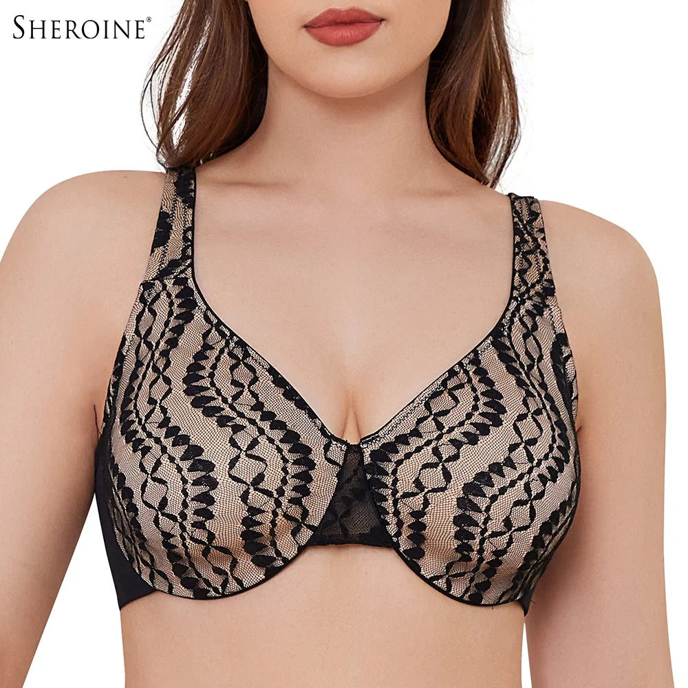 Sheroine Sexy Plus Size Minimizer Bra, Lace Underwire Non-Padded Lingerie for Women Lifting Support Comfort