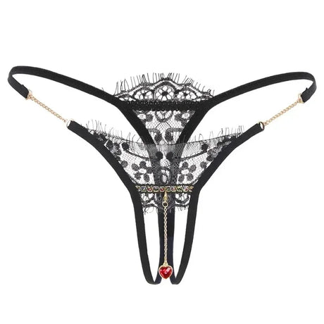 Women Sexy Crotchless Thong with Pearl Pendant Lace Embroidery Transparent G-string Tanga Underwear Lingerie