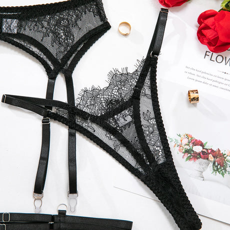 Women's Pink Floral Lace Sheer Lingerie Set See-Through Push-Up Bra Waist Cincher with Garter Belt Thong Intimate Erotic Outfits