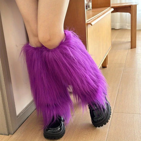 Furry Leg Warmers Women Sweet Lolita Leather-Buckle Plush Leg Covers Y2k Hottie Subculture JK Long Socks Punk Gothic Foot Covers