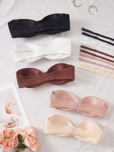 5Pcs Detachable Strap Bandeau Bras Solid Strapless Push up Bra for Women Daily Invisible Lingerie