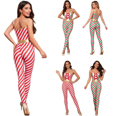 Christmas Candy Cane Women Cosplay Jumpsuit Gold Waistband Spaghetti Strap Romper Holiday Fancy Dress Xmas Themed Party Costume