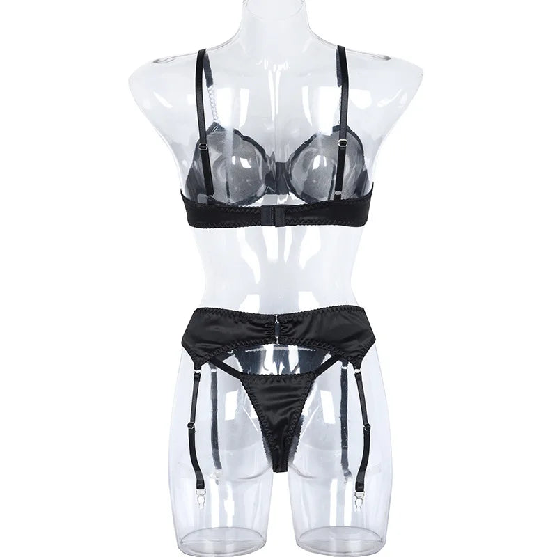 Yimunancy Transparent Bra Underwear Set Women Basic Erotic Sexy Garter Kit Chain Lingerie Set