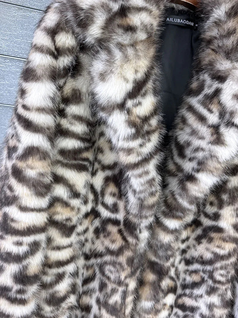 ZADORIN 130cm Long Thicken Lapel Cow Print White Brown Faux Fur Coat Woman Clothing Luxury Fluffy Jacket Winter Fur Coats Woman
