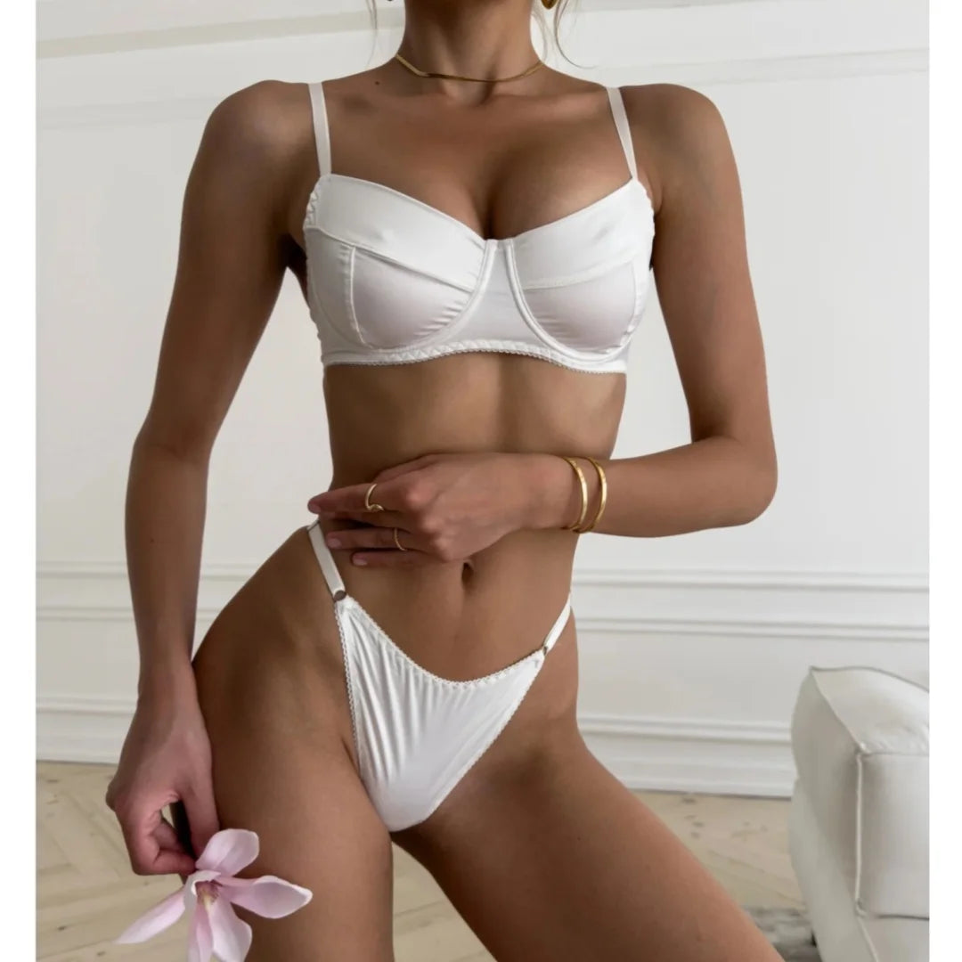 Krasapt Romantic Satin Lingerie 2 Pcs Sets Sexy Patchwork Bras And Thongs Underwear Suits Wedding Night Erotic Intimate Outfits