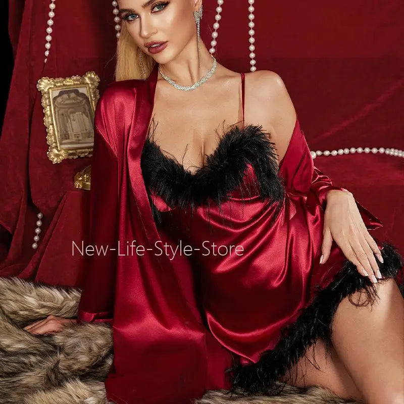New European Luxury Plus Size Women Pajama Set Sexy Spaghetti Strap Nightgown with Fringe Trim Matching Robe Loungewear