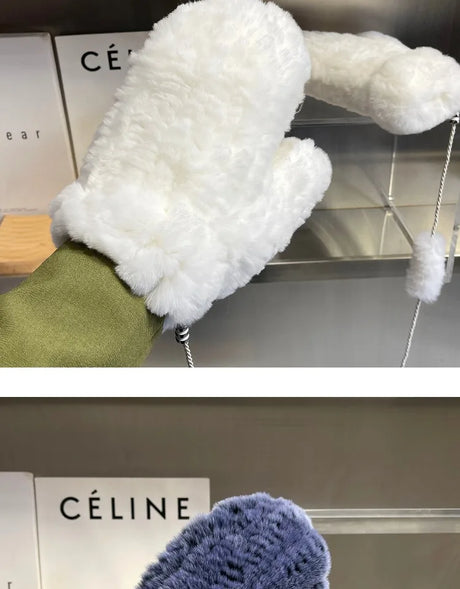 Hot Sale Women's 100% Natural Rabbit Fur Winter Gloves Warm Knit Thick Thermal Mittens Soft Real Fur Outdoor Cold Weather Glove