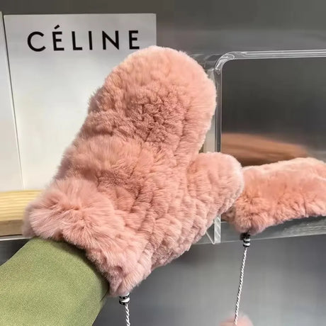 Hot Sale Women's 100% Natural Rabbit Fur Winter Gloves Warm Knit Thick Thermal Mittens Soft Real Fur Outdoor Cold Weather Glove