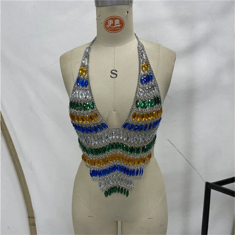Women Sexy Backless Shine Diamond Body Chain Exotic Tanks Novelty Hollow Out Chest Chains Decor Bustier Tops Nightbar Clubwear