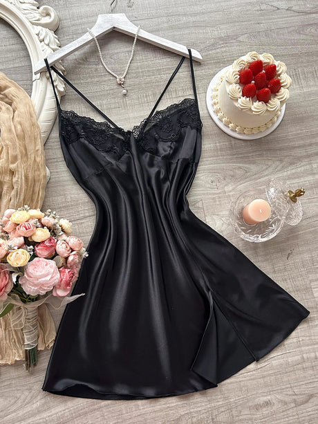 Women's Lace Patchwork Nightgown Sexy Sleepwear Fashionable Halter Dress V Neck Pajamas Solid Color Elegant Lady's Clothes