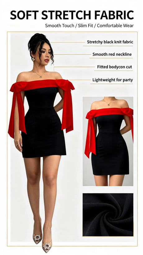 Women Off Shoulder Mini Dress Red Big Bow Spliced Bodycon Short Dresses Elegant Slim Fit Black Little Dress Night Club Party Birthday Outfits Evening Gown
