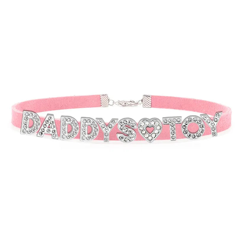Sexy Rhinestone Letters Hotwife Collar Choker for Women Men DIY Customized Necklaces Pink Suede Leather Cosplay Jewelry Gift