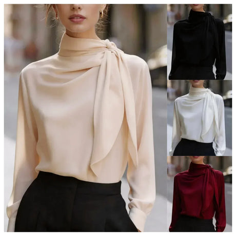 Women High Neck Tie Detail Long Sleeve Satin Blouse Elegant Draped Top for Office or Formal Events