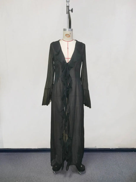 New Chiffon Tunic Beach Cover Up Cover-ups Dress Sunscreen Beachwear Womens Clothing Sexy V Neck Ruffled Long Sleeve Black White