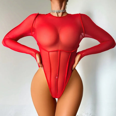 Red Exotic Bodysuits Tempted Fitting Lingeries Femme Ultra Hot Sexy See Through Mesh Splicing Crotchless Teddies Sissy Underwear