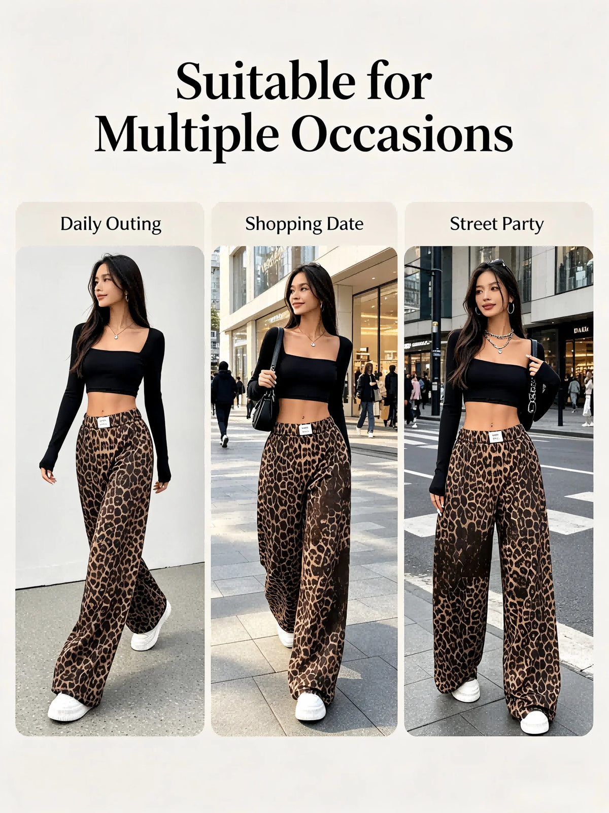 Women Leopard Print Wide Leg Pants Elastic High Waist Loose Casual Trousers Streetwear Y2K Fashion Long Palazzo Pants