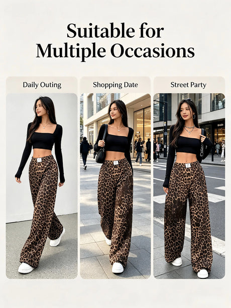 Women Leopard Print Wide Leg Pants Elastic High Waist Loose Casual Trousers Streetwear Y2K Fashion Long Palazzo Pants