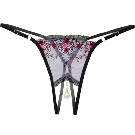 Women Sexy Crotchless Thong with Pearl Pendant Lace Embroidery Transparent G-string Tanga Underwear Lingerie