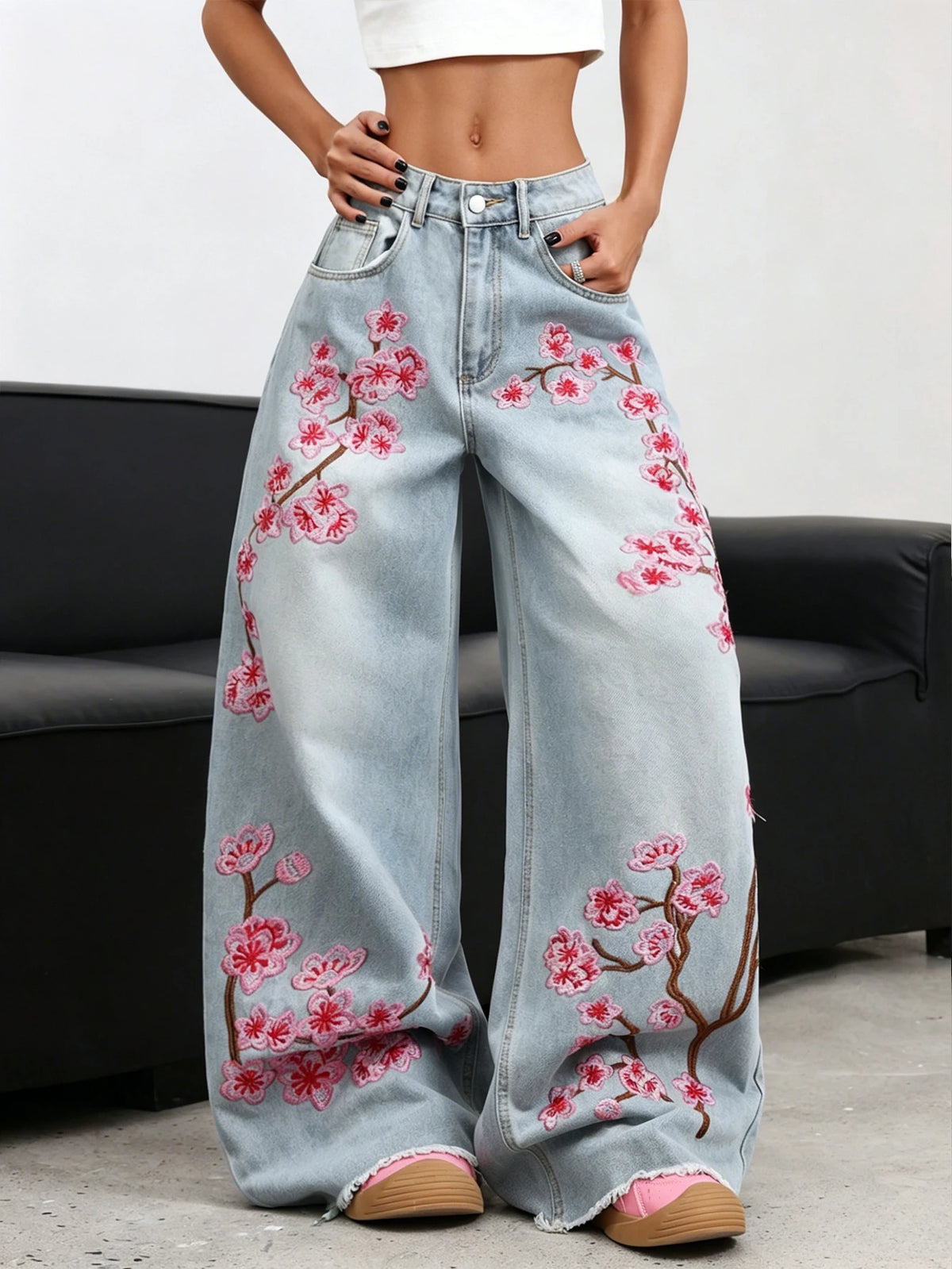 American Retro Plum Blossom Embroidery Design Blue Women's Loose Wide-Leg Jeans Y2K Street Fashion Versatile Straight Trousers