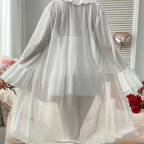 Women Sexy Robe Lingerie Set Lace V-neck Cami Dress with Transparent Mesh Night Gown Robe Nightwear Female Leisure Sleepwear