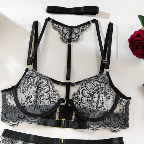 Red Lace Lingerie Set Women Half Cup Push Up Bra Thong Garter Belt Sexy Erotic Underwear Romantic Nightwear Valentine Gift