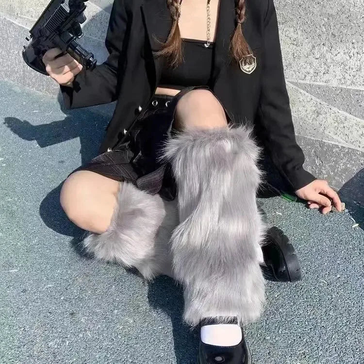 Furry Leg Warmers Women Sweet Lolita Leather-Buckle Plush Leg Covers Y2k Hottie Subculture JK Long Socks Punk Gothic Foot Covers