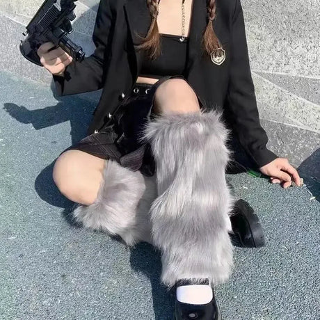 Furry Leg Warmers Women Sweet Lolita Leather-Buckle Plush Leg Covers Y2k Hottie Subculture JK Long Socks Punk Gothic Foot Covers