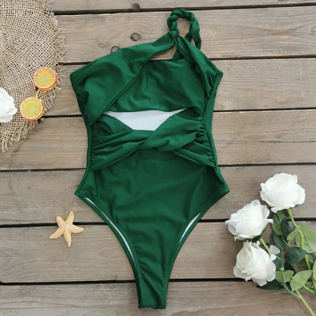 Sexy One Piece Swimsuit One Shoulder Solid Cut Out Monokini Pattern Women's Swimwear Slimming Bodysuit Women Beachwear 2022