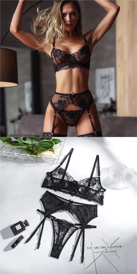 Toucheart 3 Piece Set Sexy Lace Embroidery Bra Set For Women Mesh Patchwork Perspective Sexy Garters Steel Rings Underwear Set