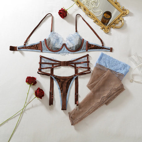 Diccvicc Women's Blue Lace Lingerie Set Brown Underwire Bra Garter Belt Thong Stockings See Through Hot Luxury Fashion Underwear