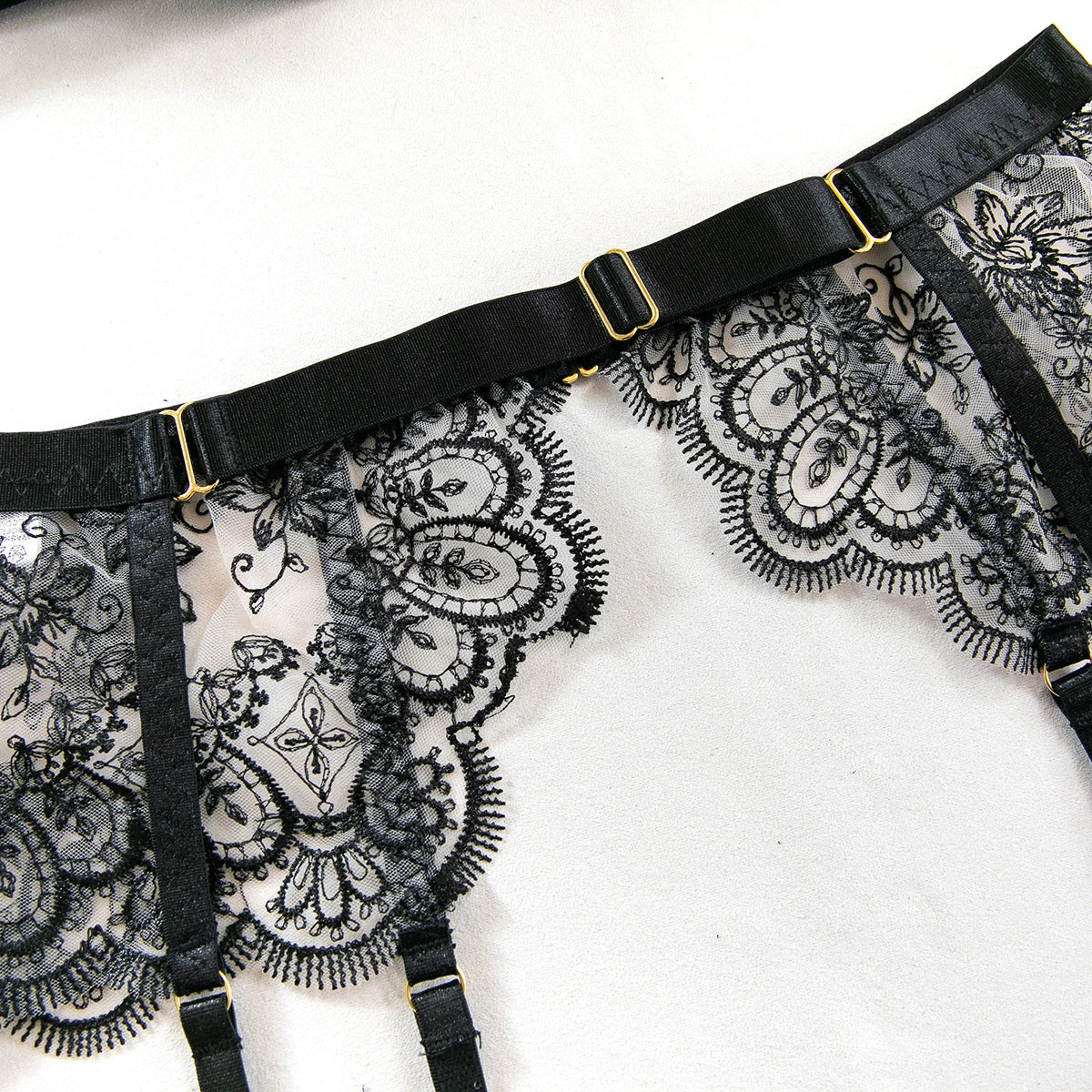 Krasapt Black Lace Embroidered Metal Buckle Sexy Lingerie Set Front Open See-through Lingerie 5Pcs Set Fancy Exotic Intimate Set