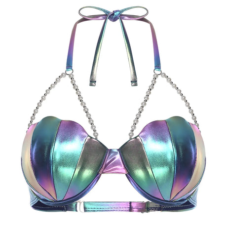 Women Shiny Bikini Bra Top Halter Neck Sheel Mermaid Swimwear Bead Chains Padded Bra Swim Tops Hawaii Beach Party Bathing Suit