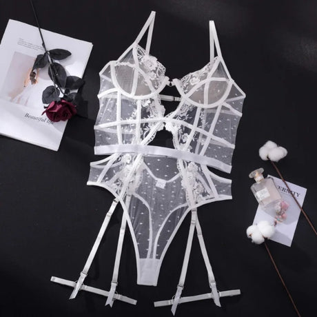 Toucheart Lace Embroidery Jumpsuit For Women Mesh Patchwork See-through Sexy Hollow Out Underwear Solid Color Garters Underwear