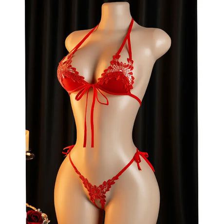 Black Embroidered Mini Bra Panty Set Lolita Sexy Lingerie Neck-hanging Adjustable Push-Up Thong Erotic Costumes Women Underwear