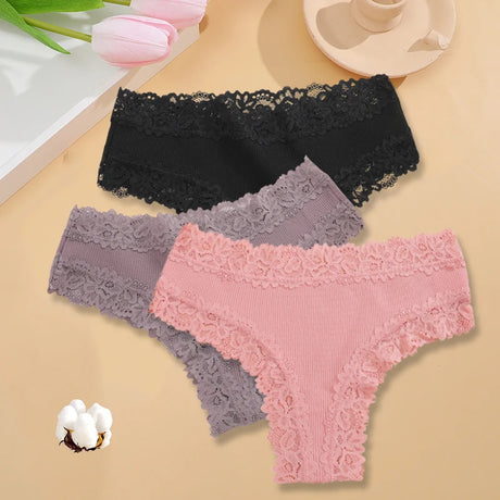3PCS/Set Sexy Lace Seamless Cotton Brazilian Panties Women Ribbed Intimates Breathable Panties Low Waist Female Cotton Underwear